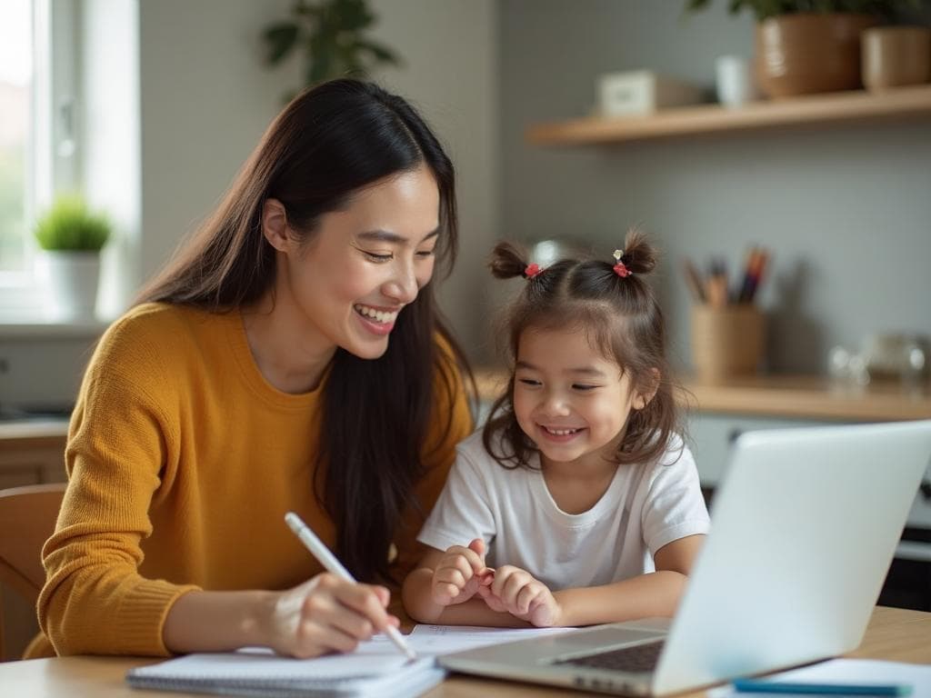 Maman et enfant heureux autour d'un ordinateur