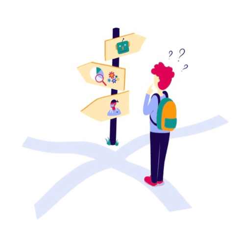 dessin avec un élève qui se questionne sur la Terminale 2024-2025 : spécialités les plus choisies, conseils d’orientation, erreurs à éviter et outils Proxxie pour aider votre ado à bien s’orienter.